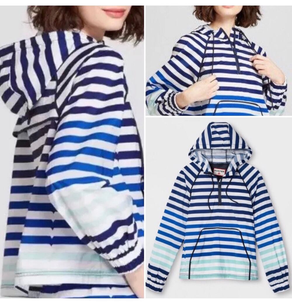 Hunter for Target Blue White Stripe Packable Hooded Rain Jacket, Medium